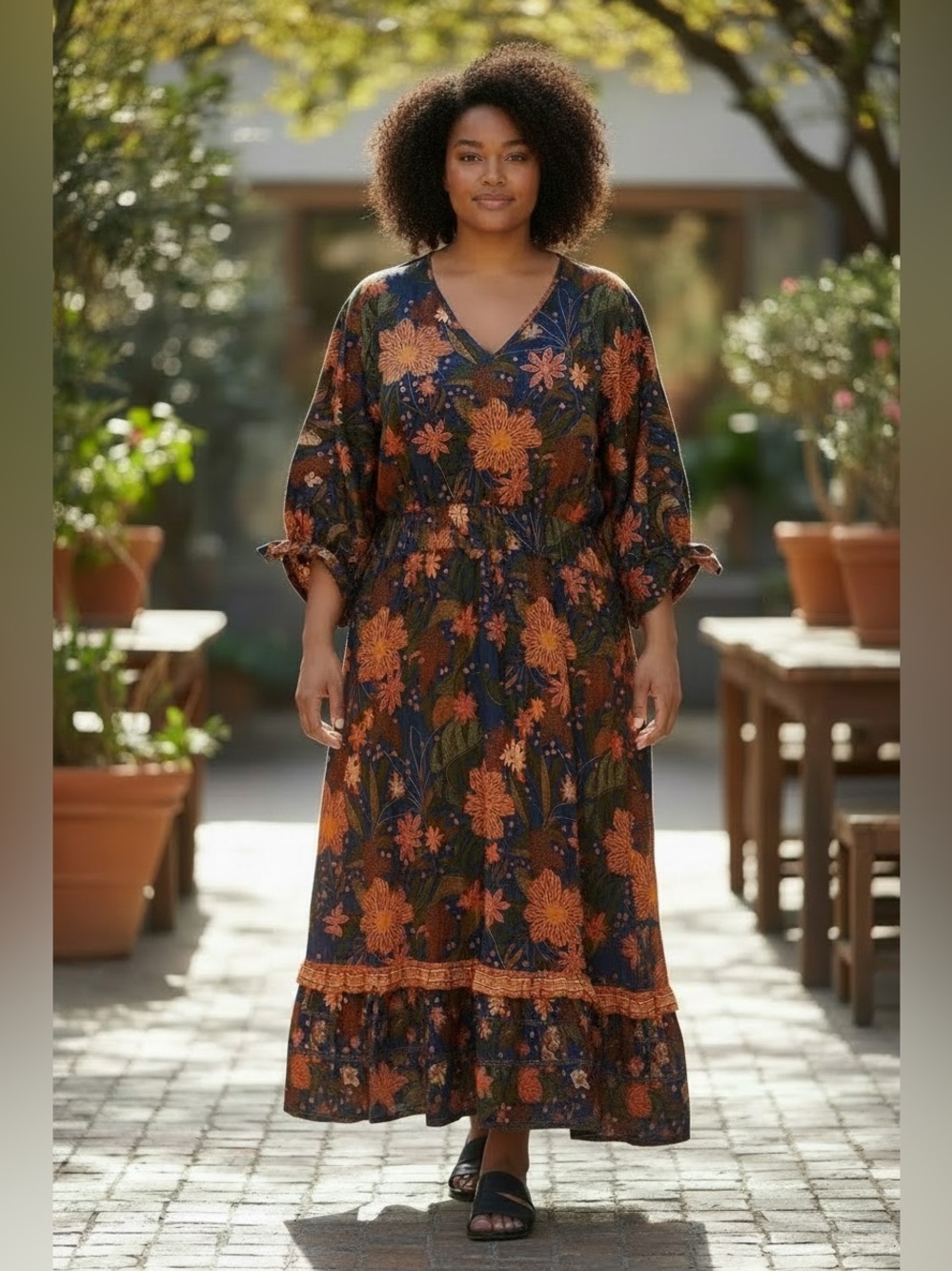 NWT: size 30 BloomChic Floral V-Neck Maxi Dress in Navy and Burnt Orange